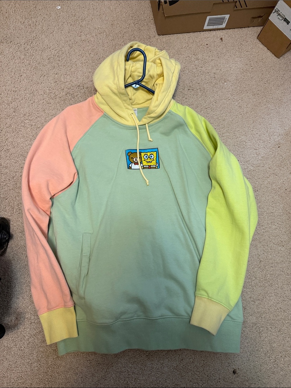 Teddy Fresh x SpongeBob Graphic Pastel Colorblock Hoodie - Yellow/Green/Pink